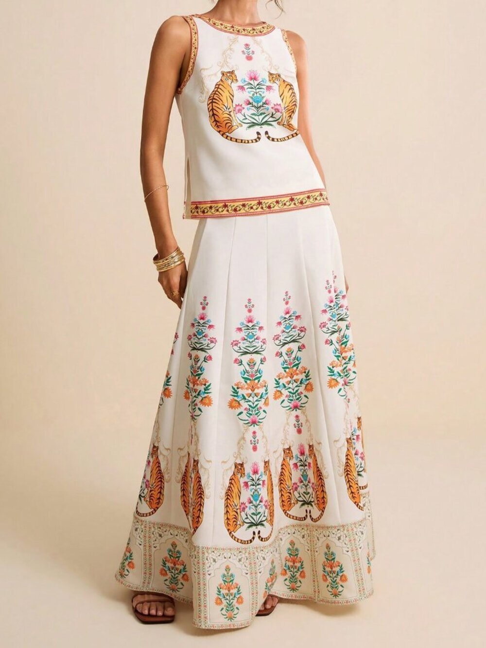 Multicolor Boho Women's Tiger Floral Print Top And Maxi Skirt 2-Piece Set